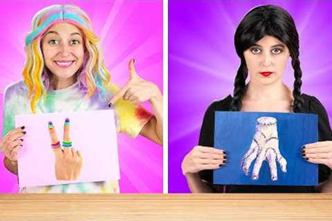 WEDNESDAY vs ENID ART CHALLENGE || Cool Art Tricks and Painting Techniques